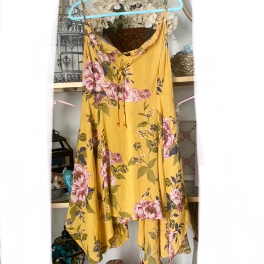 Angie Asymmetrical Cami Dress Spring Summer Floral Yellow/Gold Tie Front Pretty